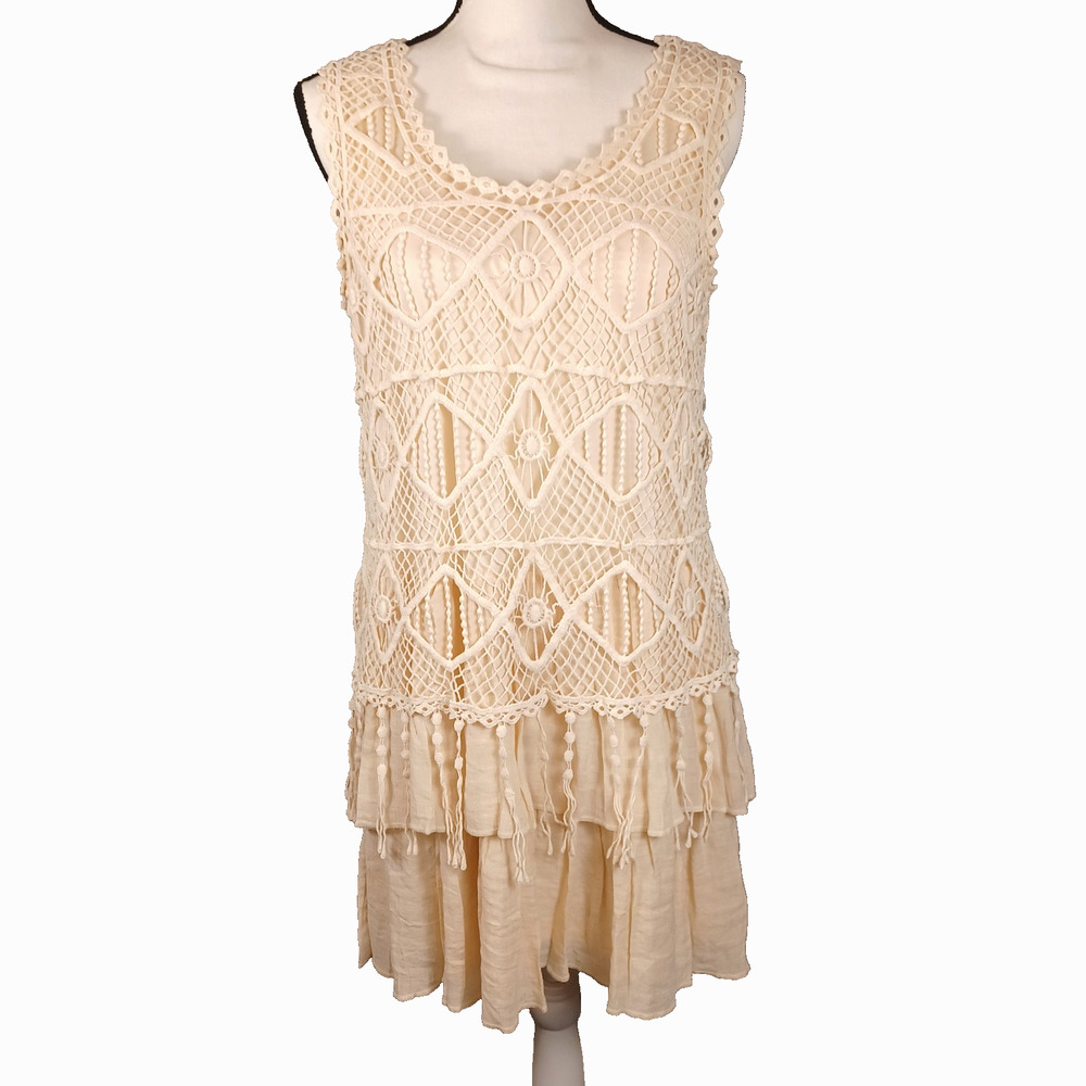 Blu Pepper Cream Crochet Tiered Shift Dress M Boho Cottagecore Sleeveless